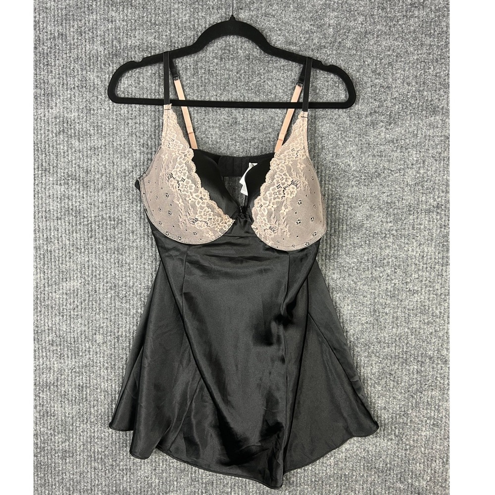 Dark Romantic Black Satin Babydoll Lingerie Nude Lace Cups Coquette L